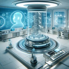 3d render of a station, a futuristic and high-tech laboratory with 3D elements.