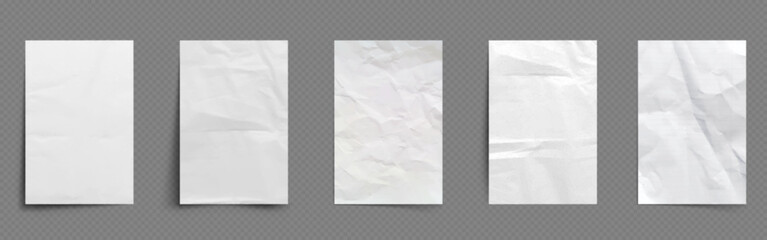 Paper sheets with wrinkles. Realistic vector illustration set of empty white and lined pages with crumpled effect. Design mockup of blank sheet with crease