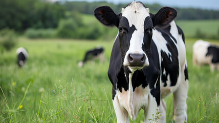Holstein cow in a field. Close-up of a Holstein cow standing in a green field with more cows in the background. AI generative..