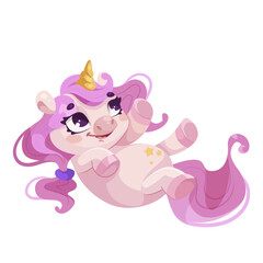 A cute pink unicorn cartoon character depicted in a playful pose, illustrated in a whimsical style on a plain white background, conveying a concept of magic and innocence. Vector illustration