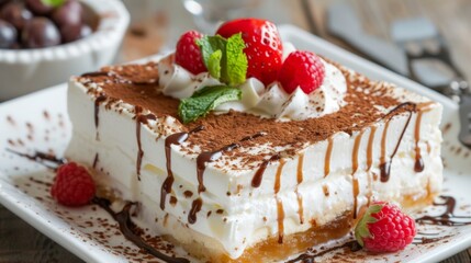 A Mexican Pastel de Tres Leches cake topped with rich chocolate sauce and fresh strawberries