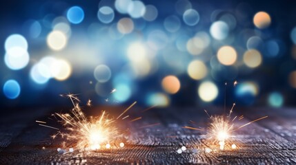 Closeup of sparkling sparklers and glitter bokeh lights in the background.