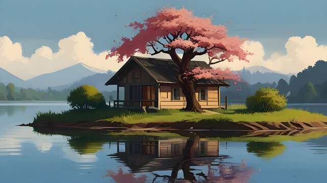 painting style illustration small house at lakeside