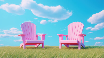 Comfortable relaxing pink chairs for a perfect summer day  with a grassy field view  for a peaceful scene