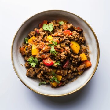 A white bowl filled with a traditional Mexican dish called Picadillo, featuring a mix of savory meat and fresh vegetables