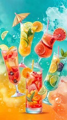Vertical AI illustration vibrant summer cocktail collection with fresh fruits. Concept drink.
