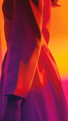 Vertical AI illustration elegant woman in vibrant purple dress against orange backdrop. People.