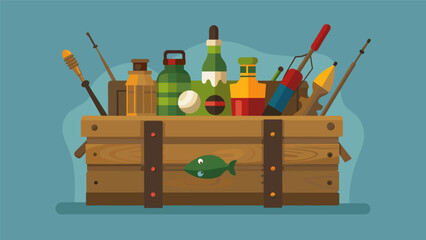 A rustic wooden crate filled with antique fishing lures reels and rods evoking memories of simpler times spent by the lake.. Vector illustration