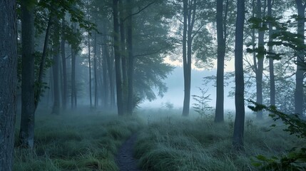 Tranquil and serene misty forest morning with peaceful pathway and solitude in the early morning dawn landscape