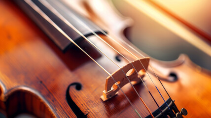 Close-up of a violin. Detailed close-up of a violin focusing on the strings and bridge, highlighted by warm lighting. AI generative..