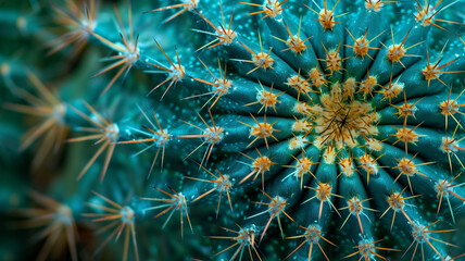 Obraz premium Close-up of a turquoise cactus. Macro photography of a turquoise cactus with sharp orange spines and a detailed pattern. AI generative..