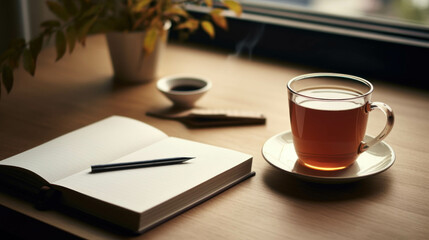 Cozy workspace with tea and notebook for studying and work
