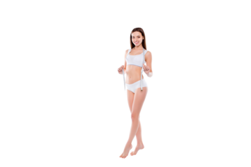 Full-legnth portrait of thin slenderl girl in cotton underwear with perfect body  having measuring tape on neck isolated on white background