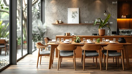Interior design of a modern dining room with wooden table and chairs against beige stucco walls for modern simplicity and warmth