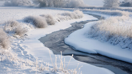 Tranquil stream winds through a frosty landscape, blanketed in snow and embraced by winter's touch