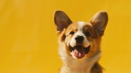 Happy puppy dog smiling on isolated yellow background,