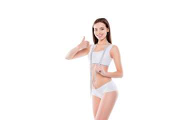 Portrait of positive girl with perfect body gesturing thumbup symbol having measuring tape on neck isolated on white background. Weightloss concept