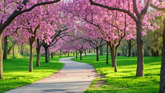 A pathway in a park lined with pink trees leads through a scenic landscape, A spring harmony of blossoming redbud trees lining a path in a city park
