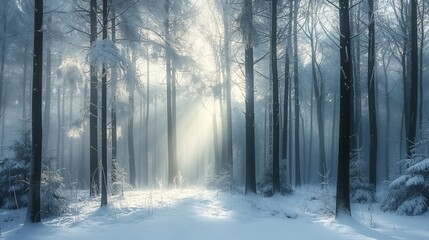 Tranquil winter scene: frosty forest sunrise with serene sunbeams and misty morning light rays...