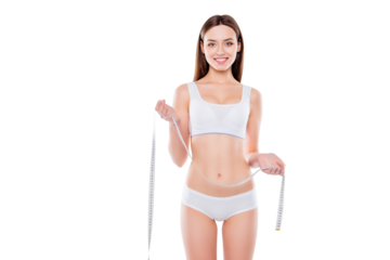 Portrait of joyful woman in cotton underwear with perfect body holding measuring tape isolated on white background. Weightloss concept