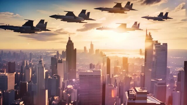 Group of Fighter Jets Flying Over City Skylines at Dusk, A squadron of fighter jets passing over a city skyline at sunset