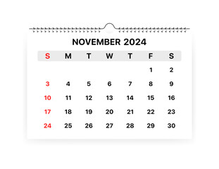 Calendar November 2024 month icon. Flat style. Vector icon