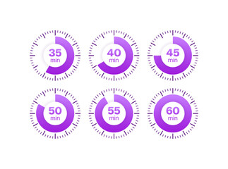 Minute Timer Icon Set. 35, 45, 60 minutes timer icons. Flat Style. Vector icons
