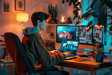 Fototapeta premium Young Man Engaged in Digital Creative Work at Night.