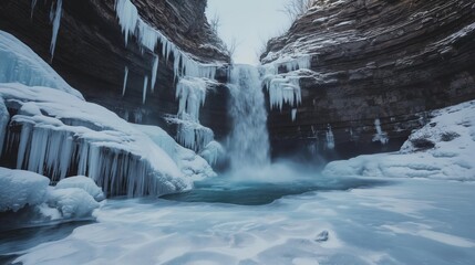 Breathtaking view of a cascading waterfall surrounded by icicles and snow