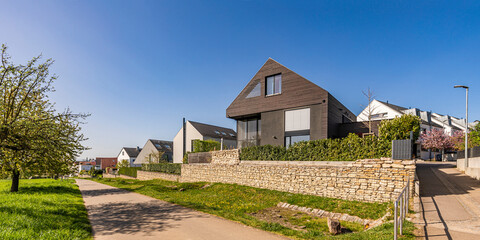 Germany, Baden-Wurttemberg, Ostfildern, Panoramic view of new modern development area in spring