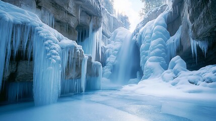Waterfall in winter with ice hanging from it