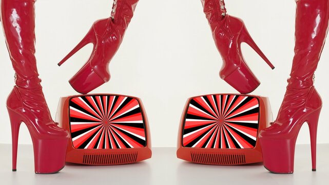 female legs in red high heel stilettos and retro television