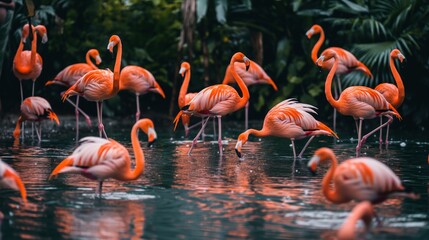 Vibrant group of flamingos gracefully wading in a shallow tropical lagoon