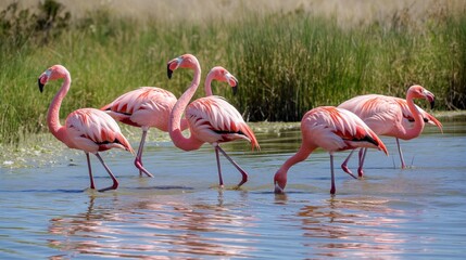Vivid photograph capturing a beautiful group of flamingos gracefully wading in a shallow lake with natural surroundings - Powered by Adobe
