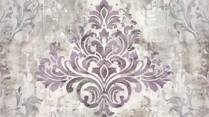 Muted lilac and ash grey in a sophisticated damask pattern against a plaster backdrop.