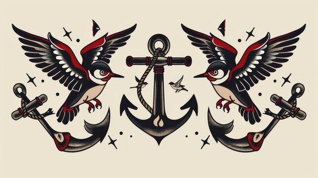 Nautical themes in traditional tattoo style, showcasing swallows and anchors with bold outlines and flat color fills, presented on an isolated background