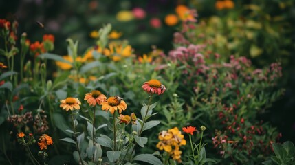 Tranquil garden scene showcasing an array of brightly colored flowers and lush greenery