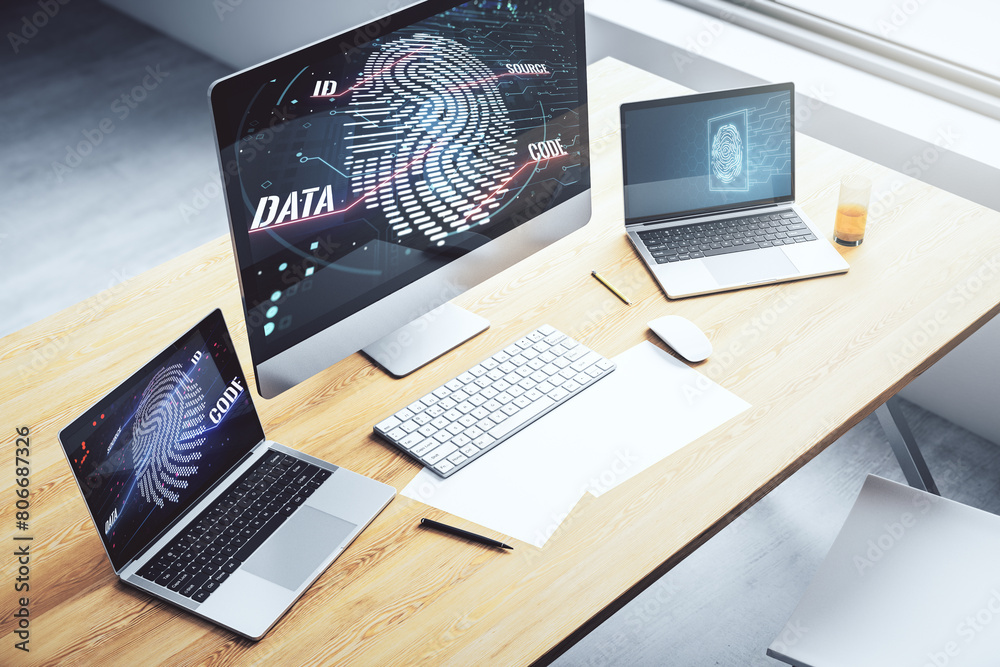Aufkleber Modern computer monitor with abstract creative fingerprint hologram, research and development concept. 3D Rendering