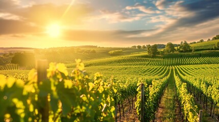 Beautiful and serene sunny vineyard in the lush green countryside during the summer. Showcasing the scenic landscape and tranquil nature of viticulture. With rows of vines on the hillside