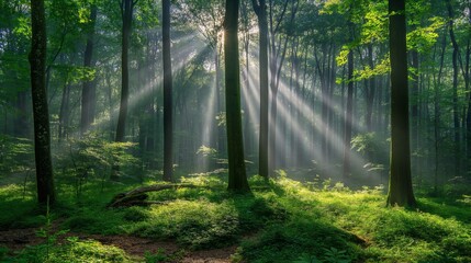 Obraz premium Rays of sunlight stream through the canopy in a vibrant green forest, creating a serene and mystical atmosphere
