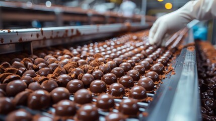 Chocolate candy production line conveyor belt in a factory 
