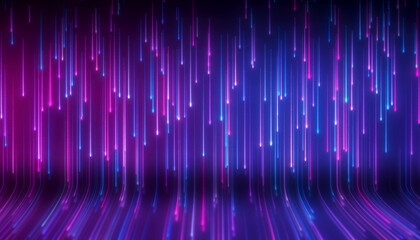 Illustation of glowing neon lines in blue and magenta on reflecting floor - abstract background.
