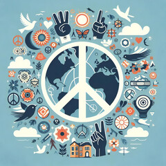 colorful poster with peace symbols and a peace sign in the center