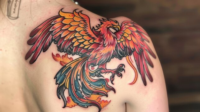 Majestic phoenix tattoo in vibrant colors on the shoulder, symbolizing renewal and fire, against a plain backdrop to showcase its beauty