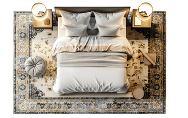 Double Bed Arrangement Featuring Carpet Pouf and Lamps, Double Bed with Carpet Pouf and Lamp Assortment