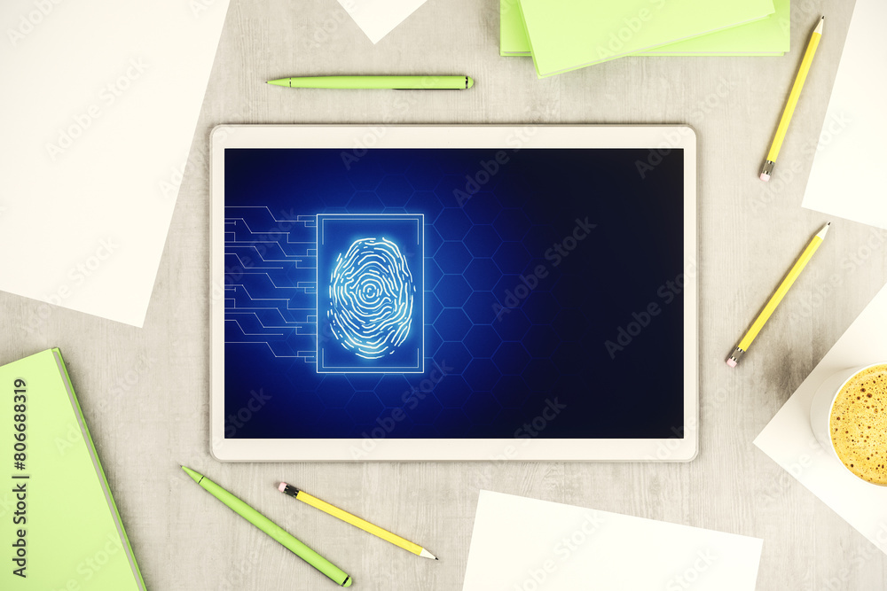 Leinwandbilder Top view of modern digital tablet display with abstract creative fingerprint illustration, personal biometric data concept. 3D Rendering