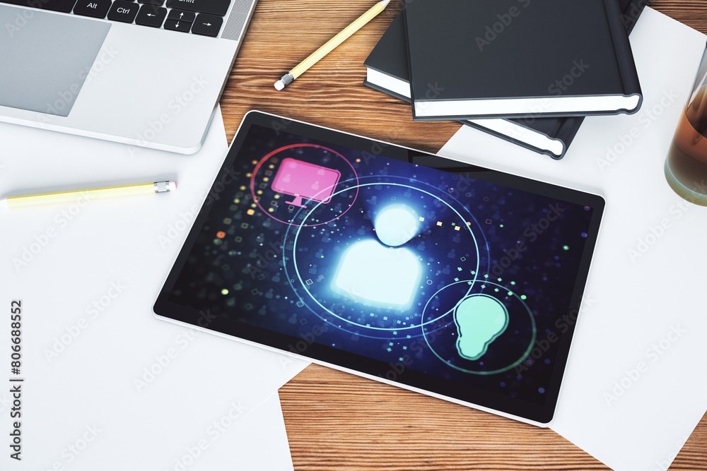 Aufkleber Modern digital tablet screen with social network icons concept. Networking concept. Top view. 3D Rendering