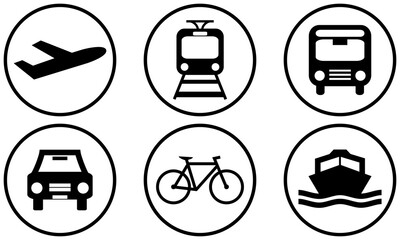 6 schwarze Buttons zeigen Verkehrsmittel