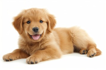 A happy golden retriever puppy lying down with a joyful expression