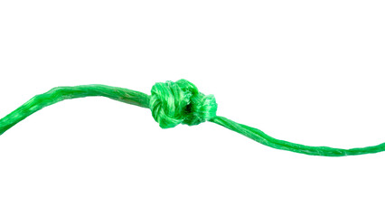 Green plastic rope tied in a knot, isolated on a transparent background